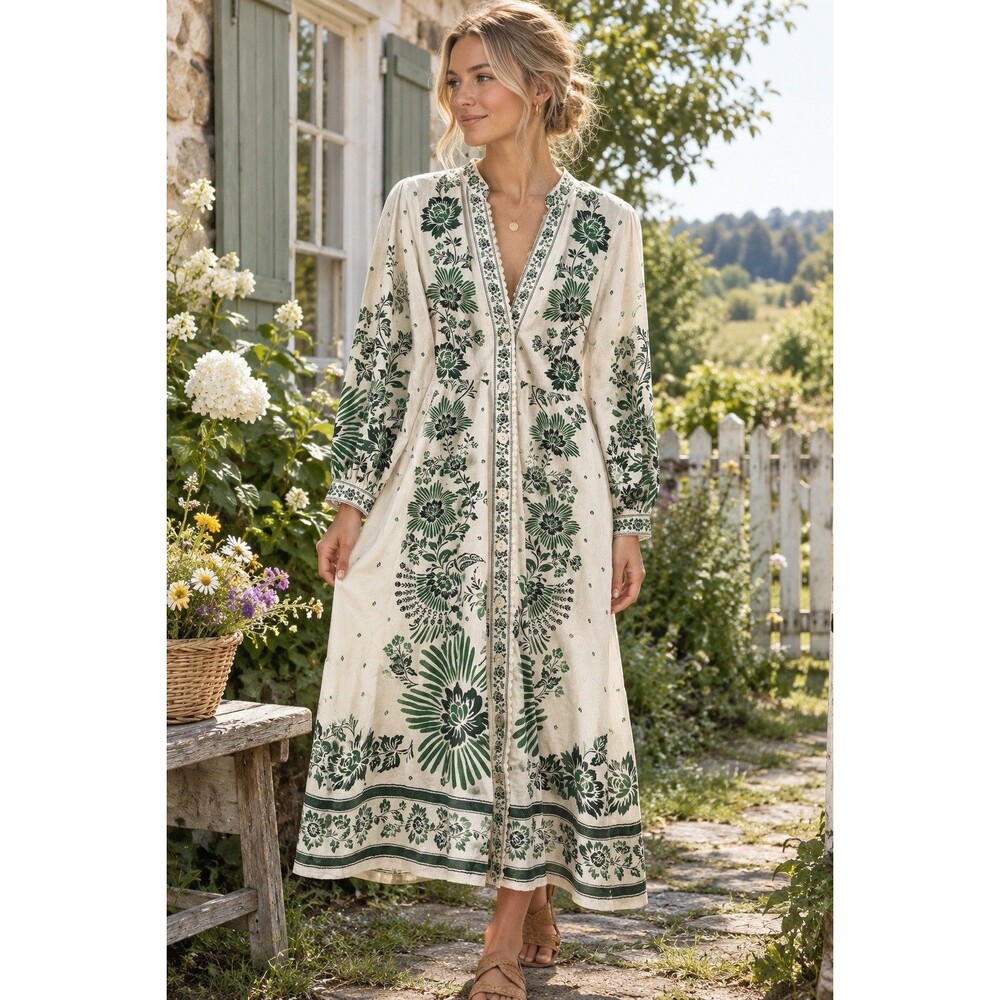 Christian Lacroix Green Floral Linen Blend Maxi Shirt Dress Size XS